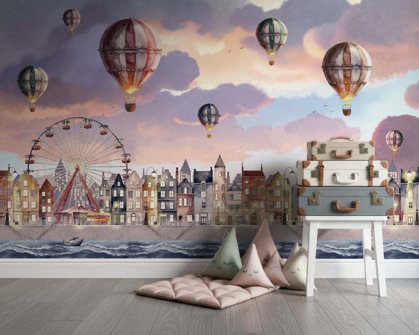Kids Harbor Village and Hot Air Balloons Wallpaper Mural