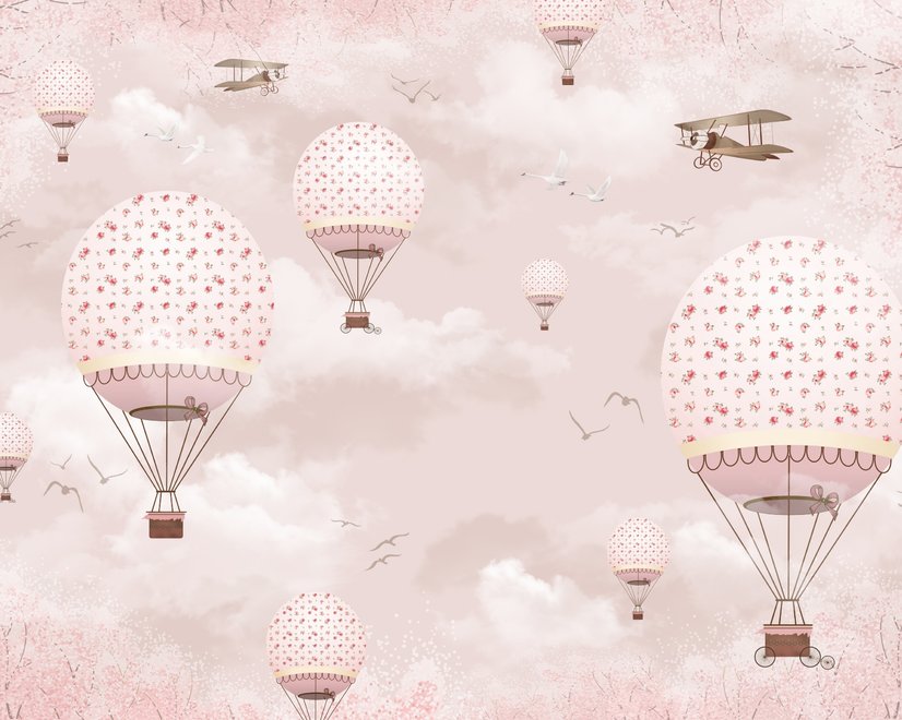 Kids Girls Pink Sky of Hot Air Balloon and Aircraft Wallpaper Mural