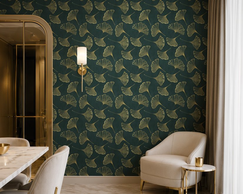 Dark green wallpaper with metallic antique-gold etched ginkgo leaves on a textured forest-green teal ground