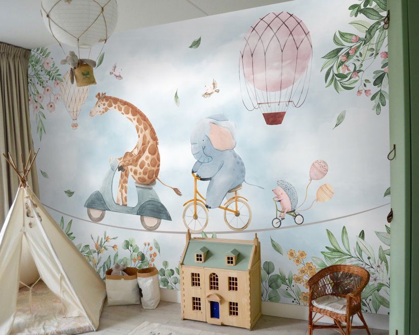 Papier peint animaux mignons à vélo pour enfants