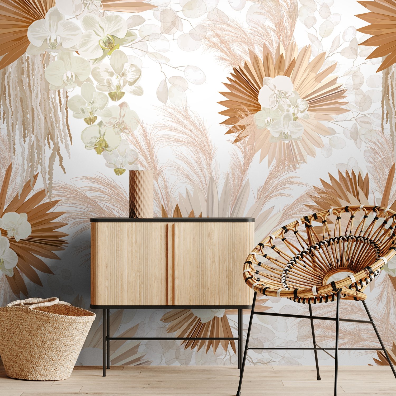 Neutral Boho Plants with Palm Leaf Wallpaper Mural - Peel and Stick