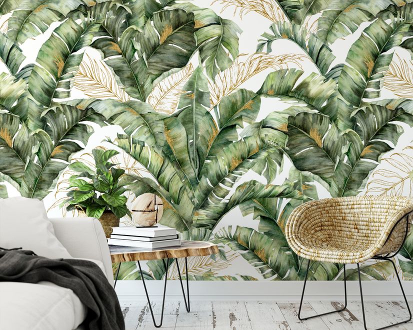 Watercolor Tropical Banana Leaf with Faux Gold Details Wallpaper Mural
