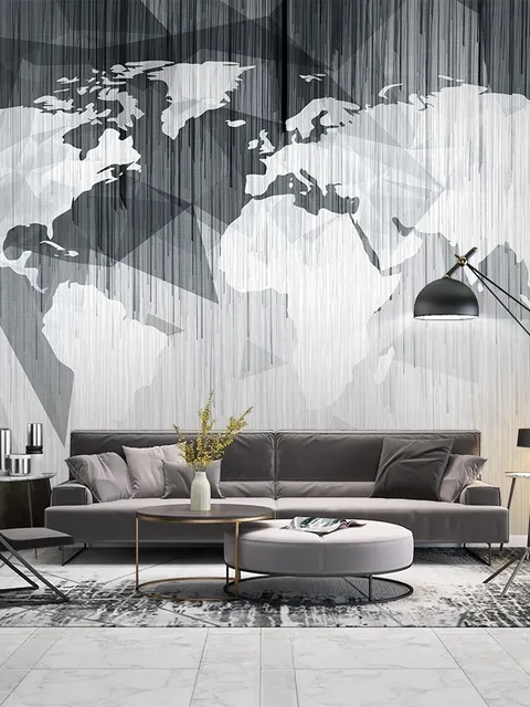 Monochrome Polygonal World Map with Abstract Lines Wallpaper Mural