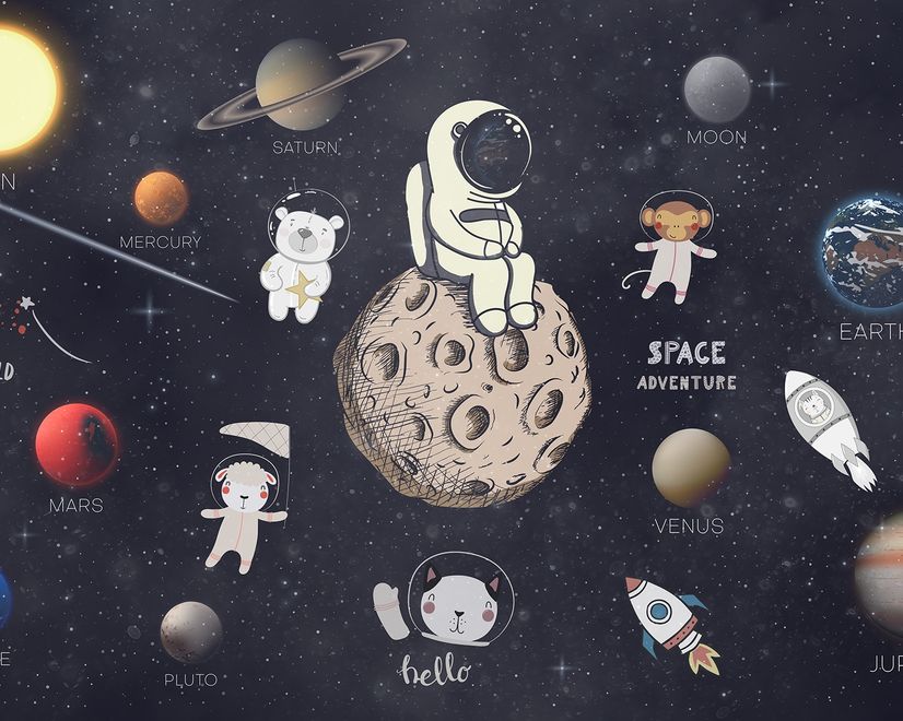 Astronaut and Animals in Space Wallpaper Mural for Children