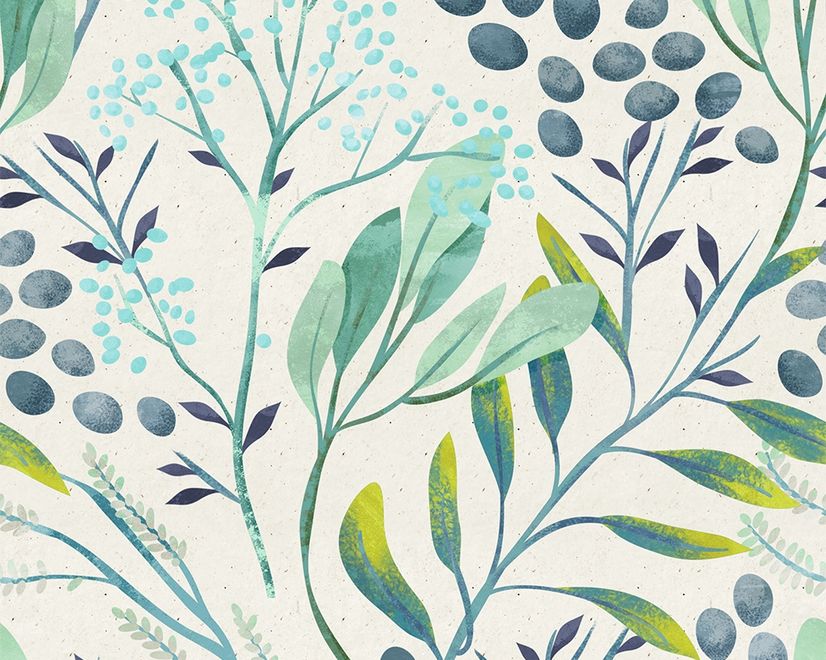 Green Leaf Branches with Berries Wallpaper Mural