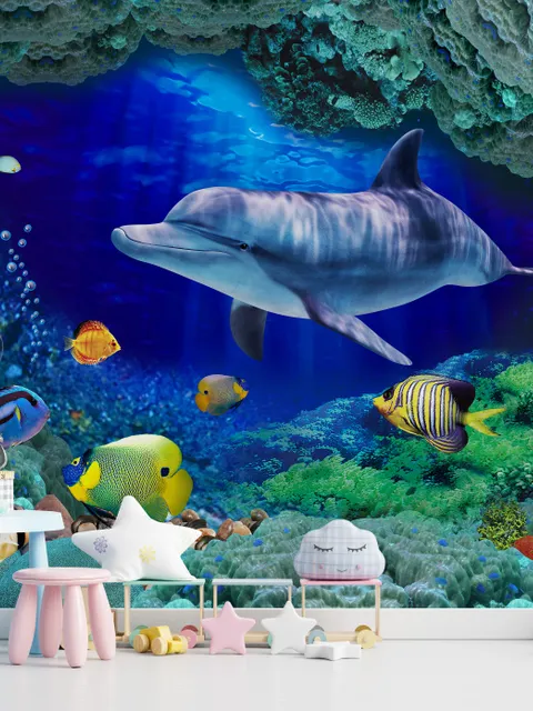 Papier peint panoramique sous la mer en 3D avec des poissons colorés