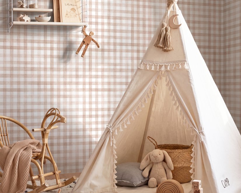 Soft brown wallpaper with pale beige gingham checks on a warm cream off-white ground