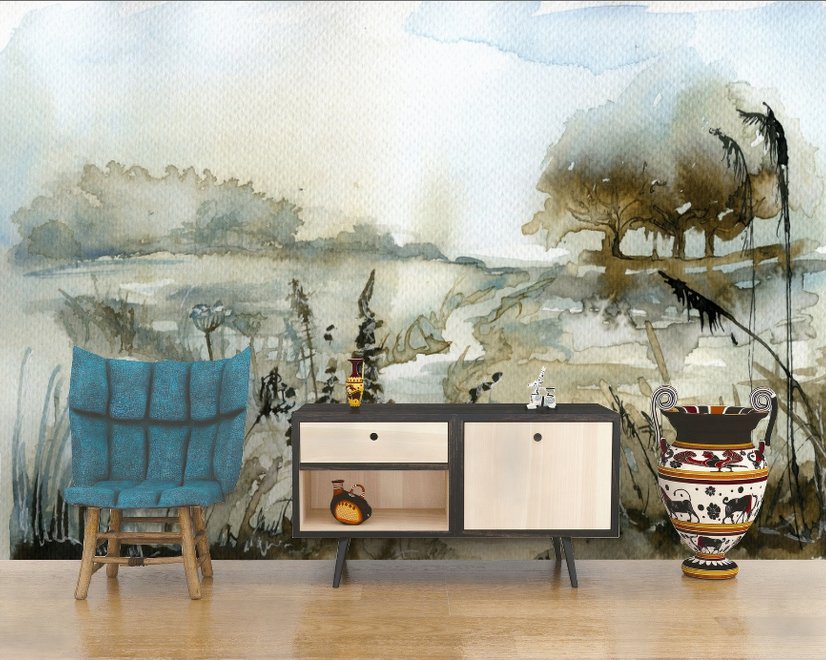 Papier peint paysage botanique style aquarelle