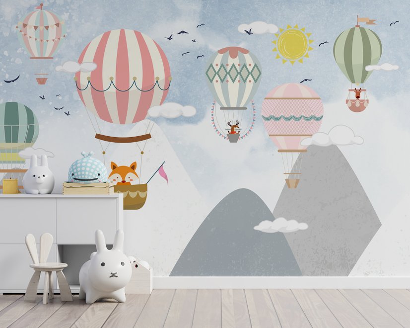 Papier peint paysage montagne montgolfière cartoon enfants