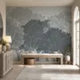 Light gray wallpaper mural with misty forest trees, falling leaves and birds