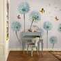 Papier peint pissenlit bleu et papillons jaunes