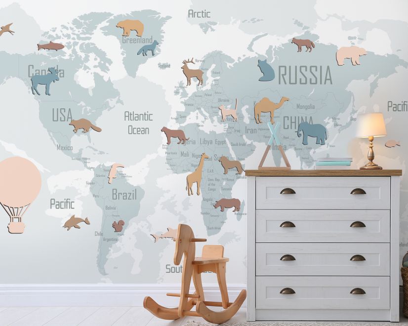 Kids Blue Political World Map with Colorful Animal Silhouette Wallpaper Mural