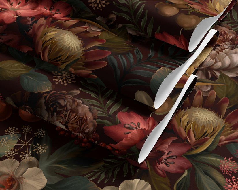Dark moody floral wallpaper with cream peonies, coral lilies, berries and green foliage on chocolate brown