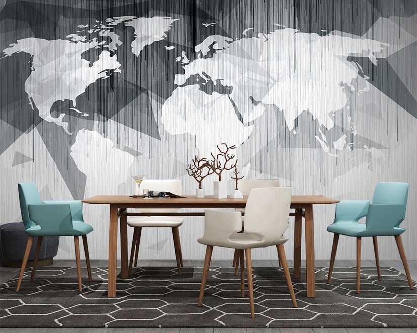 Monochrome Polygonal World Map with Abstract Lines Wallpaper Mural