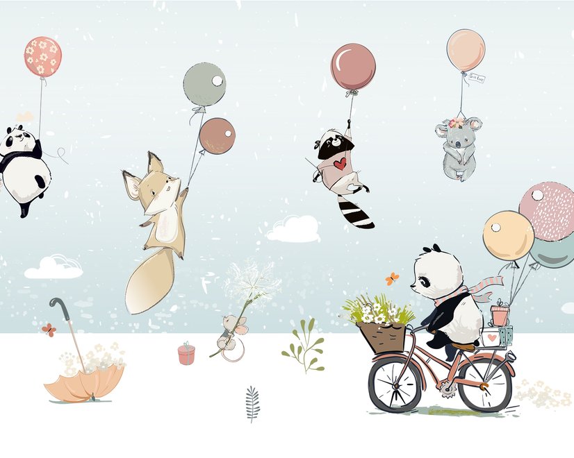 Papier peint panoramique de l'hiver avec des animaux mignons