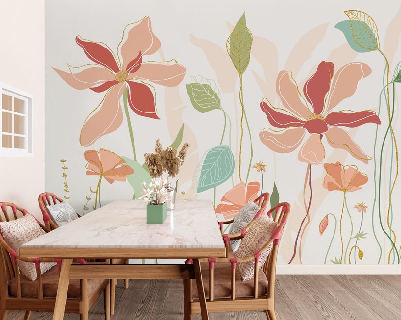 Gold Look Floral Garden Drawing Art Wallpaper Mural