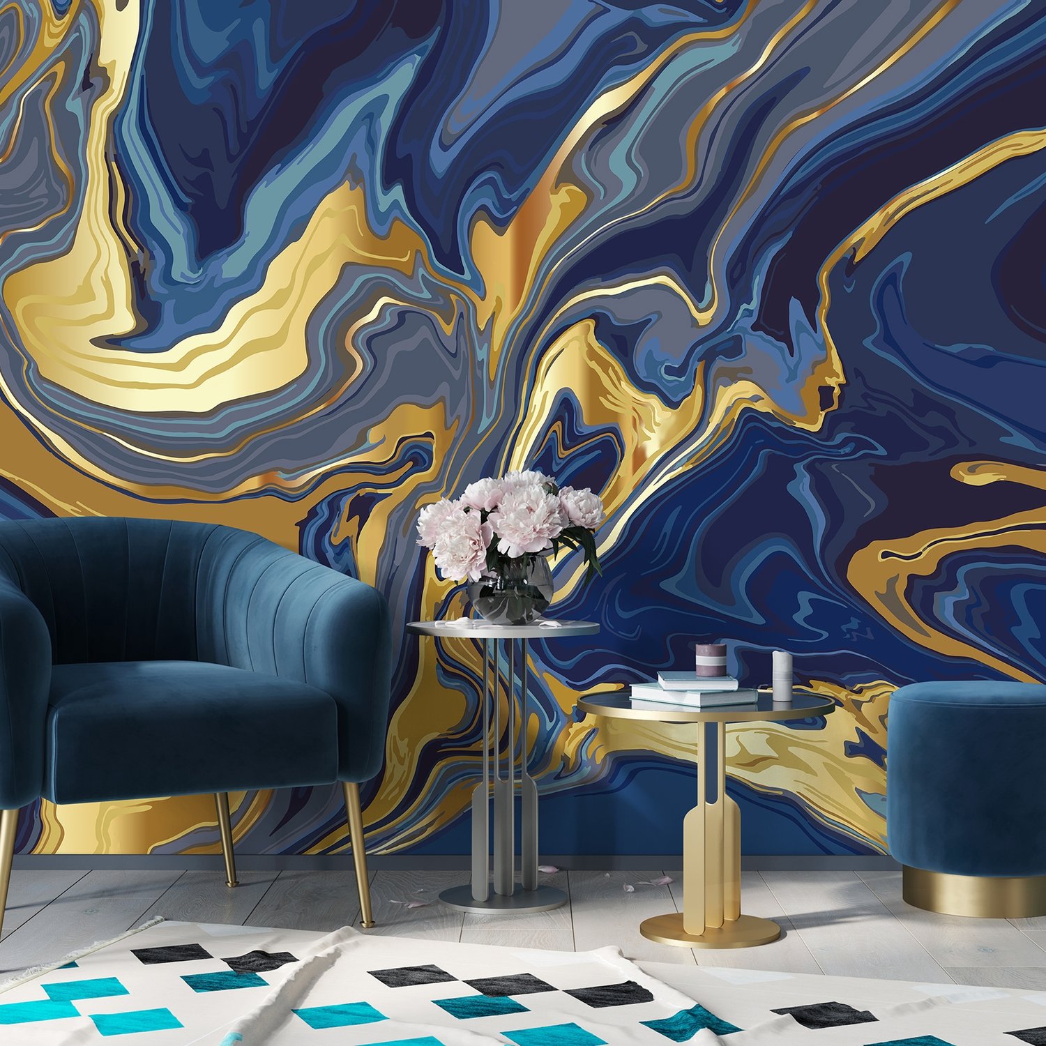 Flüssige Abstrakte Marmor Kunst Blau Gradient Fototapete - Selbstklebende