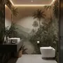 Misty tropical forest wallpaper with palms, pale river and hazy hills in muted green sepia