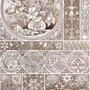 Antique wallpaper mural with Art Nouveau floral tile panels, sepia borders and blush botanical medallions