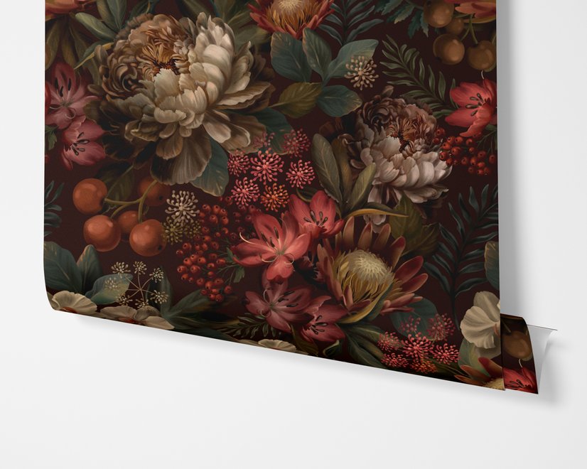 Dark moody floral wallpaper with cream peonies, coral lilies, berries and green foliage on chocolate brown