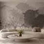Misty forest nature wallpaper mural in greige, taupe and charcoal watercolour with birds