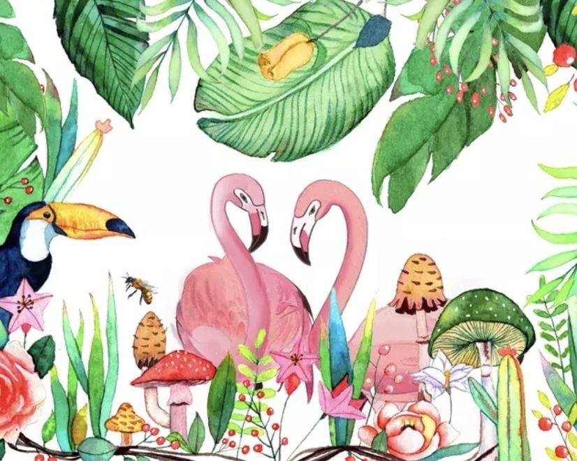 Flamingos with Toucan Bird Wallpaper Mural