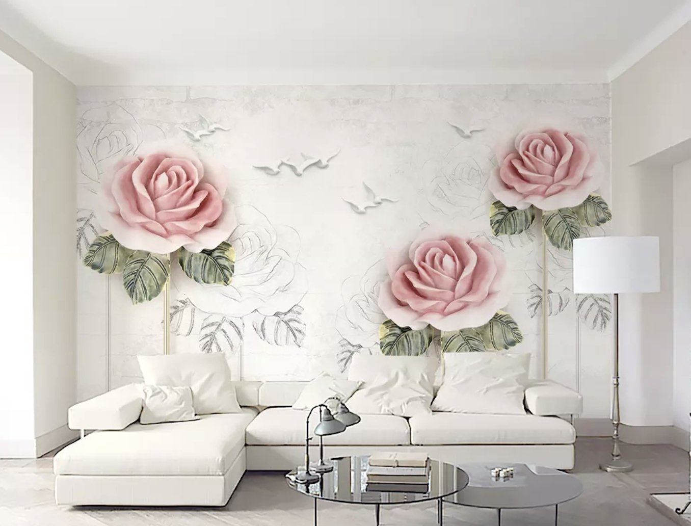 Soft Pink Flower and Charcoal Drawing Roses Wallpaper Mural - Peel and Stick