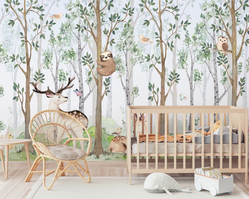 Kinderzimmer Niedliche Tiere im Wald Aquarell Fototapeten