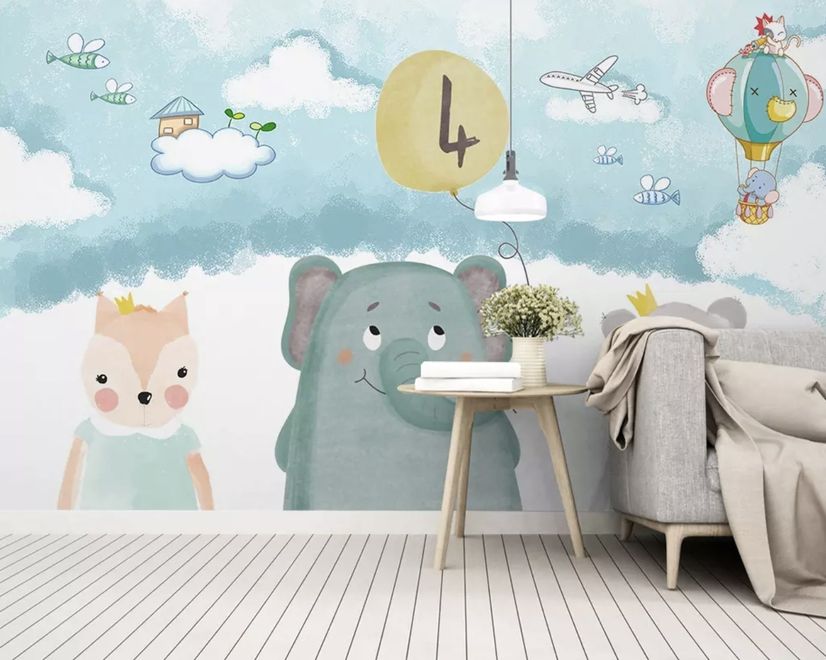 Cute Cartoon Animals with a Balloon Wallpaper Mural