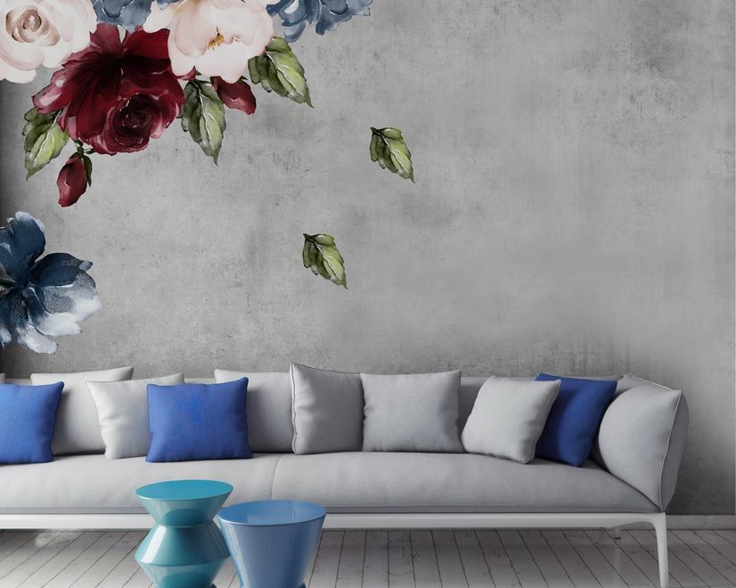 Dark Blue Red Peony Floral Bouqet Wall Decal Sticker