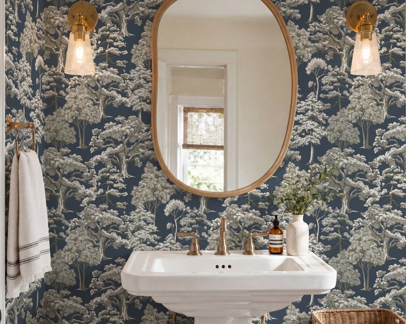 Navy wallpaper with warm ivory and taupe grey toile tree repeat on deep slate blue ground