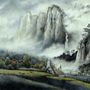 Papier peint panoramique des montagnes chinoises brumeuses et des chutes d'eau