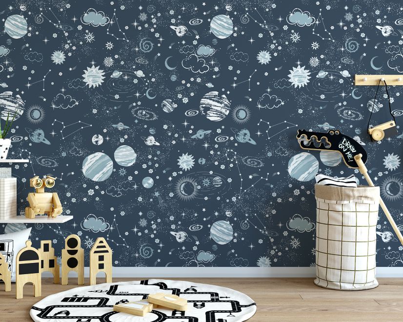 Papier peint panoramique de l'espace sombre, du ciel étoilé et des planètes bleues