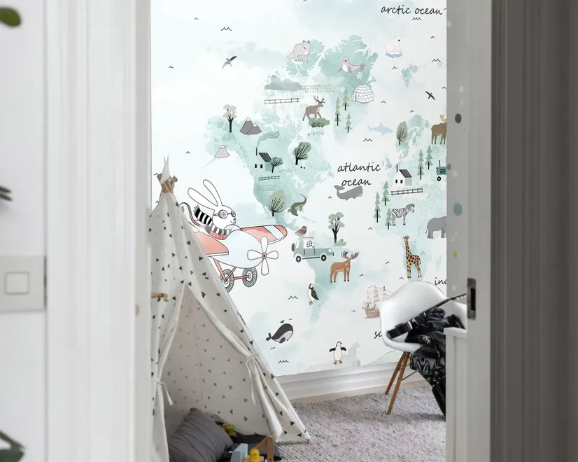 Kinder Blaue Weltkarte mit Niedlichen Tieren und Fliegendem Kaninchen Fototapete