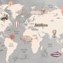 Vintage Kids World Map with Aircraft and Hot Air Balloon Wallpaper Mural