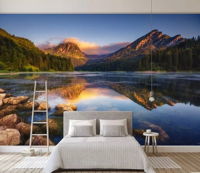 Mountain and Lake Landscape in the Sunrise Wallpaper Mural - Peel and Stick