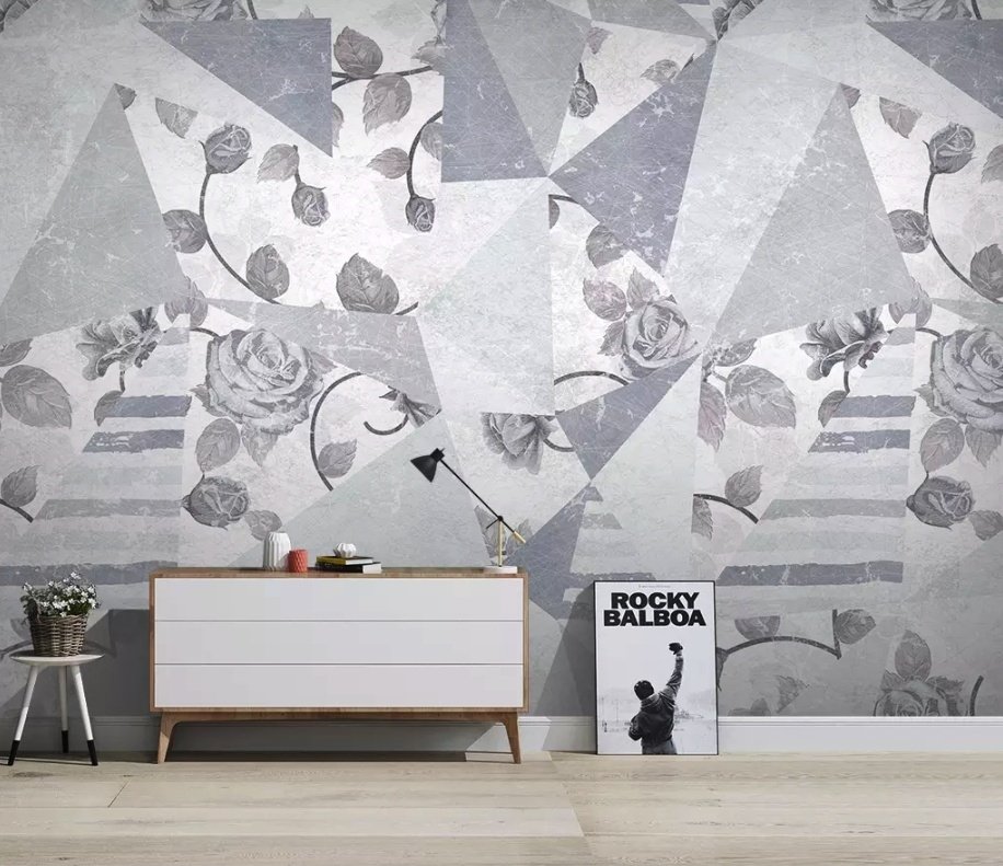 Rose Floral with Geometric Pattern Wallpaper Mural - Peel and Stick