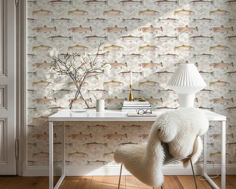 Watercolor fish wallpaper with trout, seashells and pale aqua washes on a warm cream ground