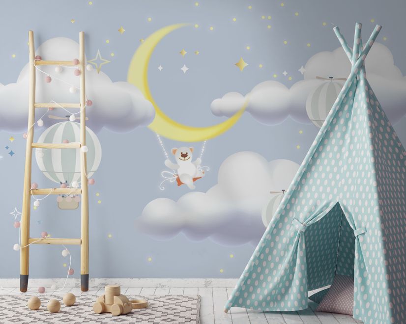 Kinder Cartoon Wolke und Gelber Mond Fototapete
