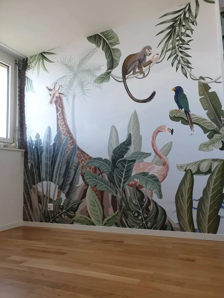 Kids Nursery Pink Flamingo and Cute Giraffe Safari Animals Wallpaper Mural