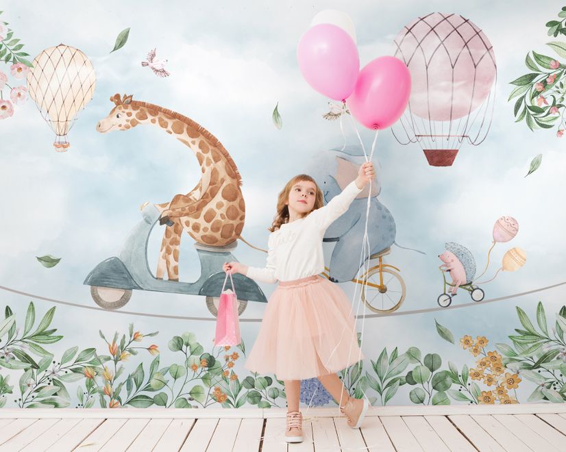 Papier peint animaux mignons à vélo pour enfants