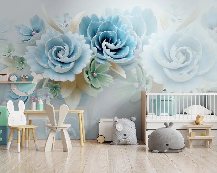 European Style 3D Blue Green Floral Wallpaper Mural