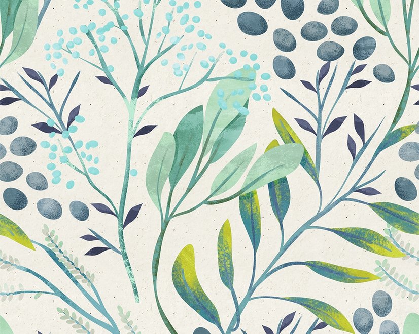 Papier peint branches feuilles vertes baies