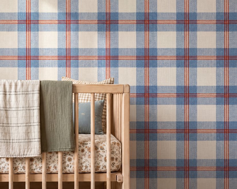 Blue and red plaid wallpaper with denim blue, cream and sky blue woven checks and fine red stripes
