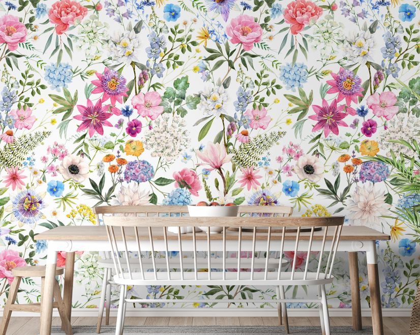 Bunte Frühlingsblumen Fototapete mit rosa Wildblumen