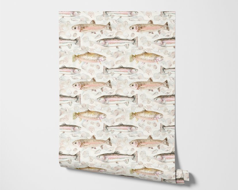 Watercolor fish wallpaper with trout, seashells and pale aqua washes on a warm cream ground