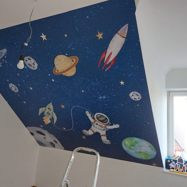 Kids Watercolor Space with Spaceship and Astronaut Wallpaper Mural