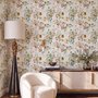 Watercolour floral wallpaper with sage leaves, blush and ochre flowers on a white ground