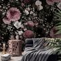 Dark Floral  Pink Chrysanthemum and Green Leaves Wallpaper Mural