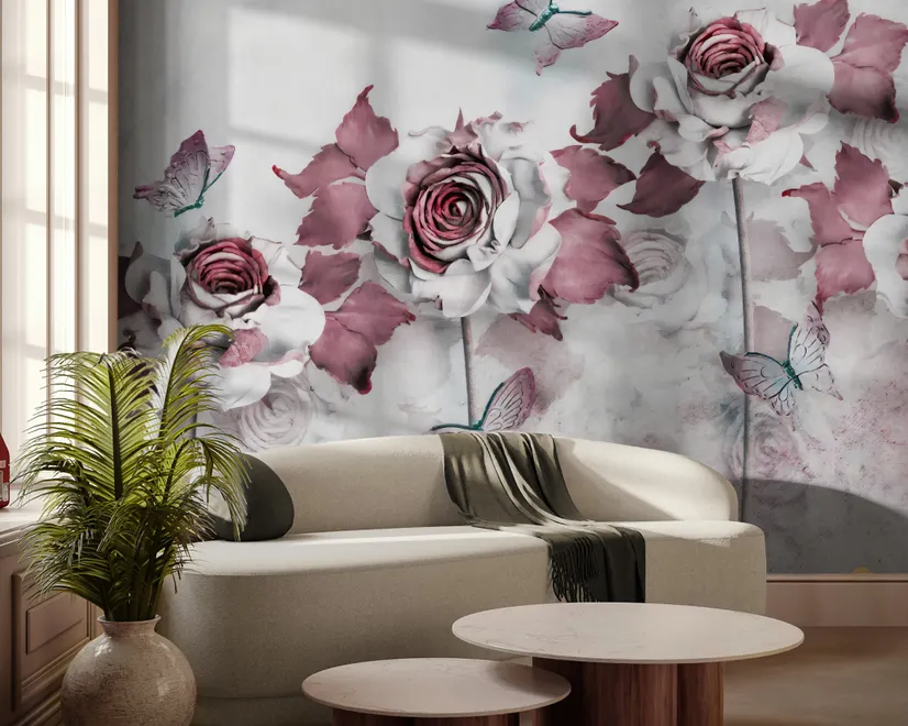 Elegant Floral with Little Butterfly Wallpaper Mural